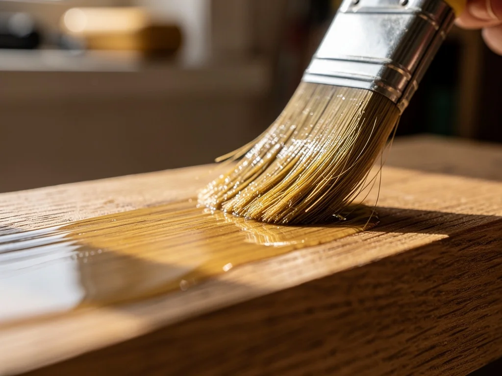 Brocha aplicando una capa fina de barniz sobre madera siguiendo la dirección de la veta