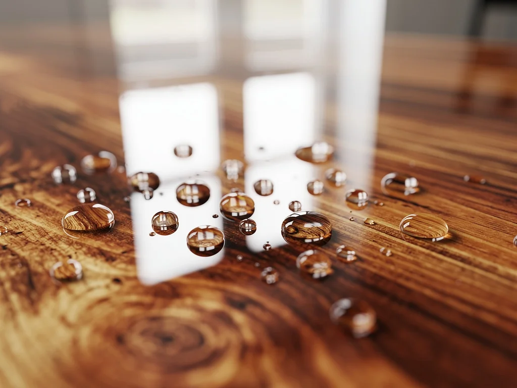 Mesa de madera con acabado de barniz brillante con gotas de agua resbalando, mostrando la protección hidrofóbica