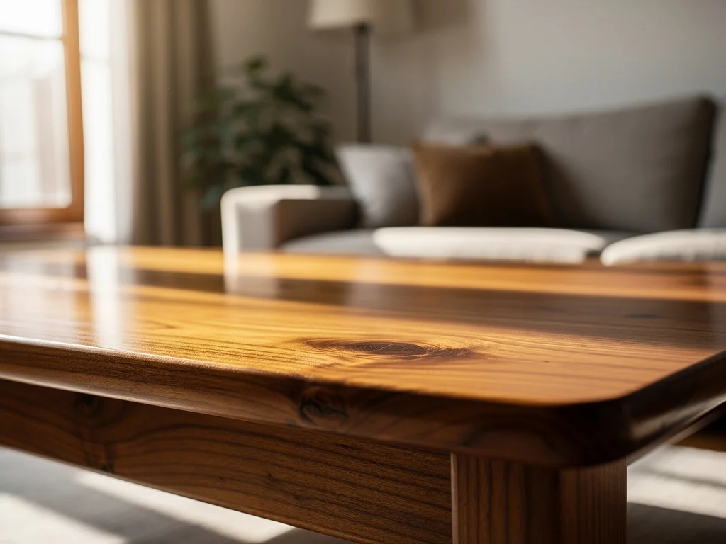 Mesa de madera con acabado de barniz satinado en un salón con luz natural