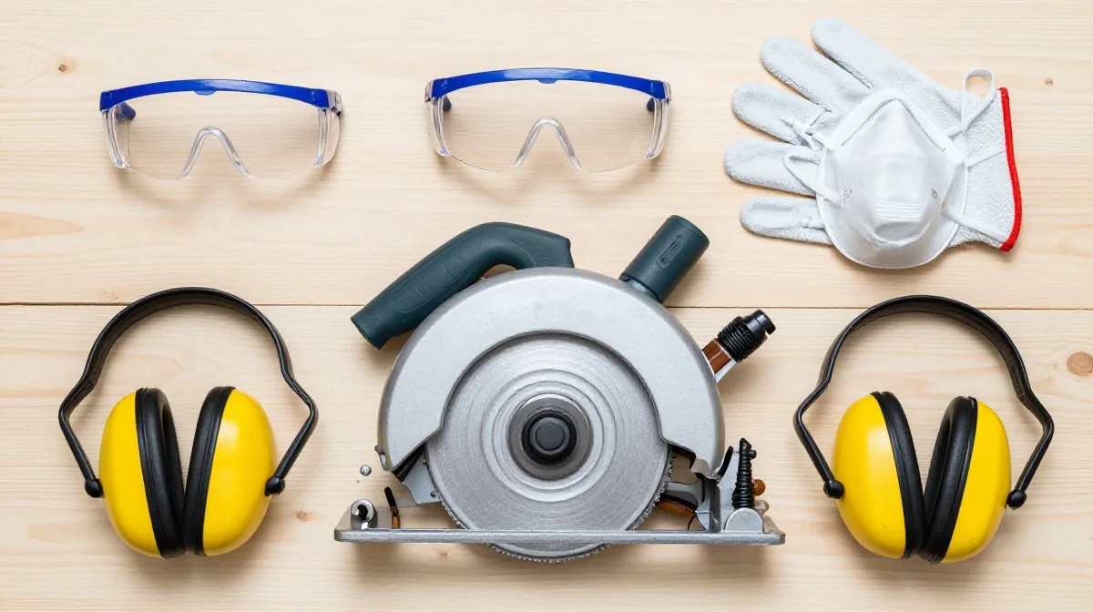 Equipo de seguridad para sierra circular: gafas, mascarilla, guantes y orejeras