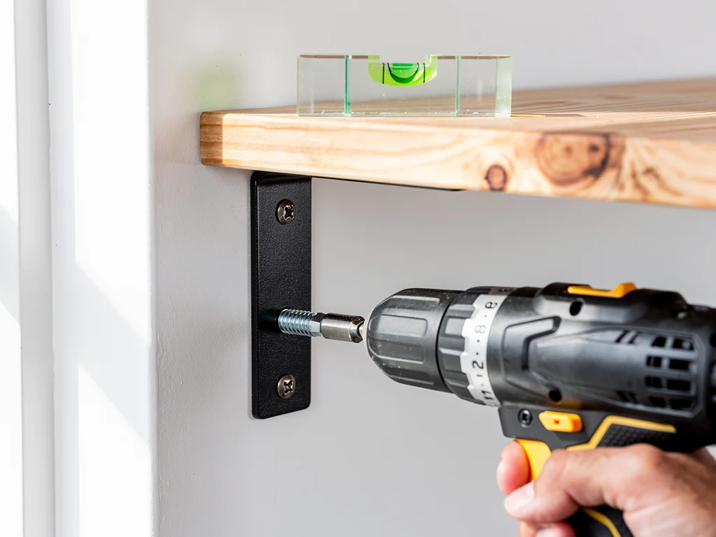 Detalle de escuadra metálica fijada a la pared con tornillo y nivel de burbuja comprobando la horizontalidad