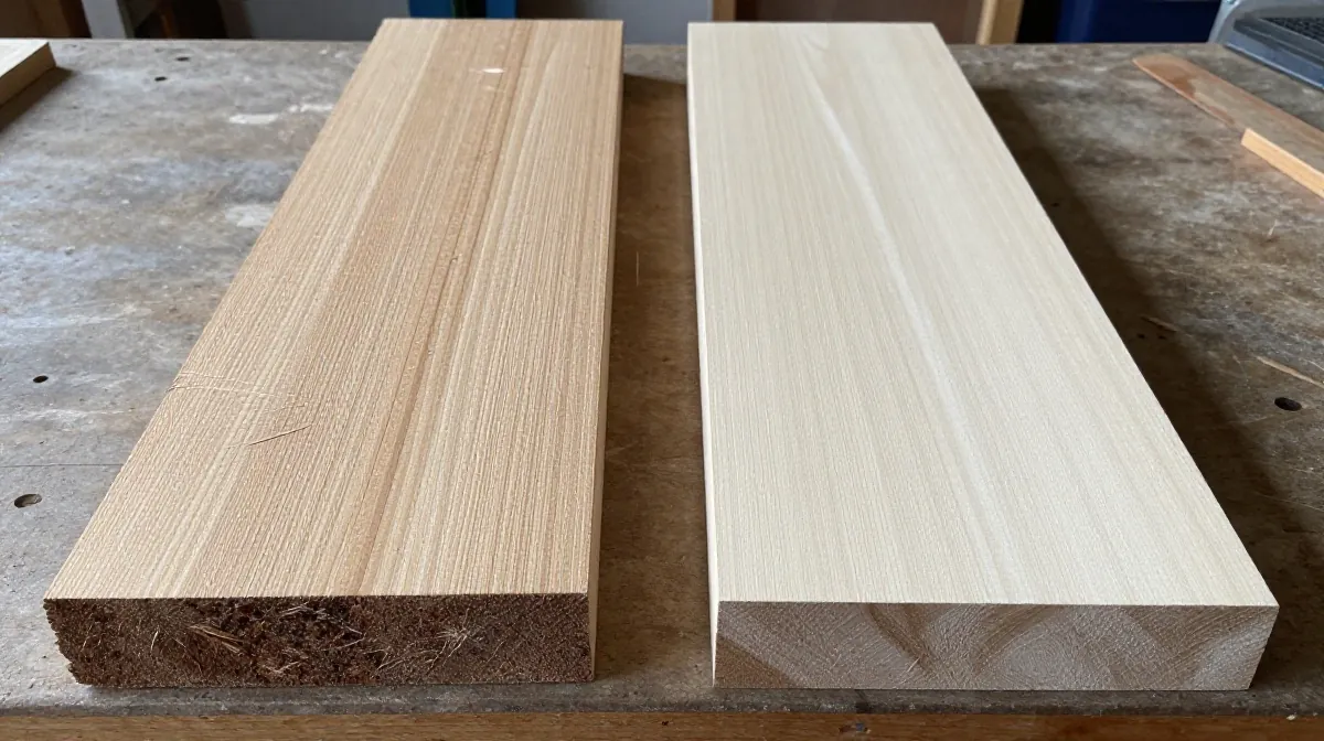 Ejemplo de madera de pino lijada y sin lijar