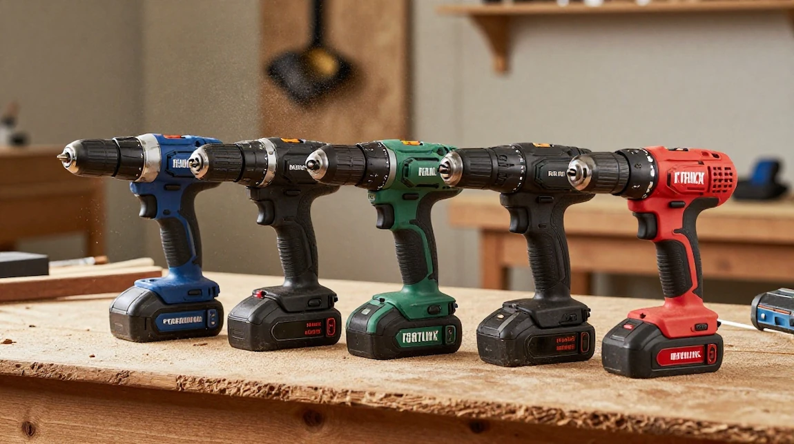 Cinco taladros inalámbricos baratos sobre mesa de trabajo de madera
