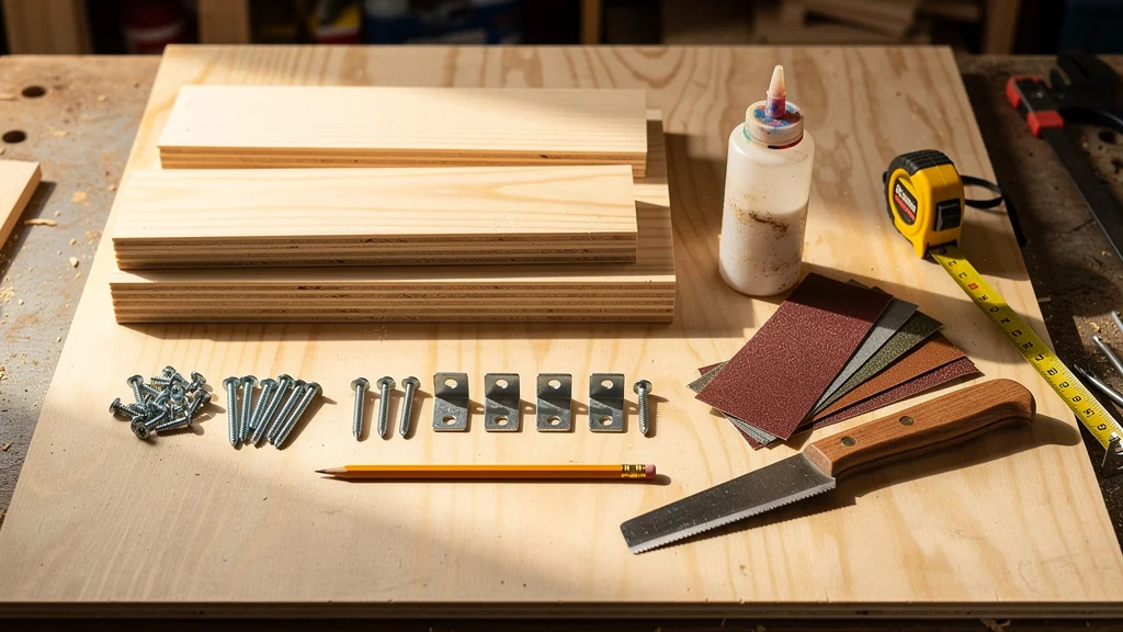 Materiales dispuestos antes del montaje: tablas, tornillos, escuadras y herramientas