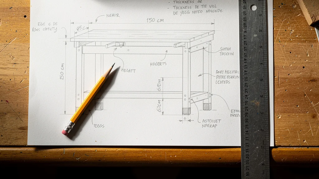 Boceto con las medidas principales de la mesa de carpintería casera