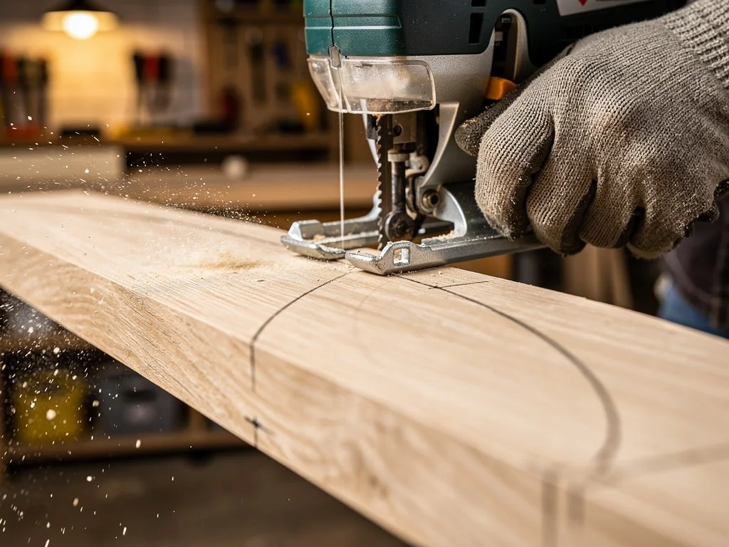 Detalle de caladora realizando un corte curvo sobre tablero de madera contrachapada