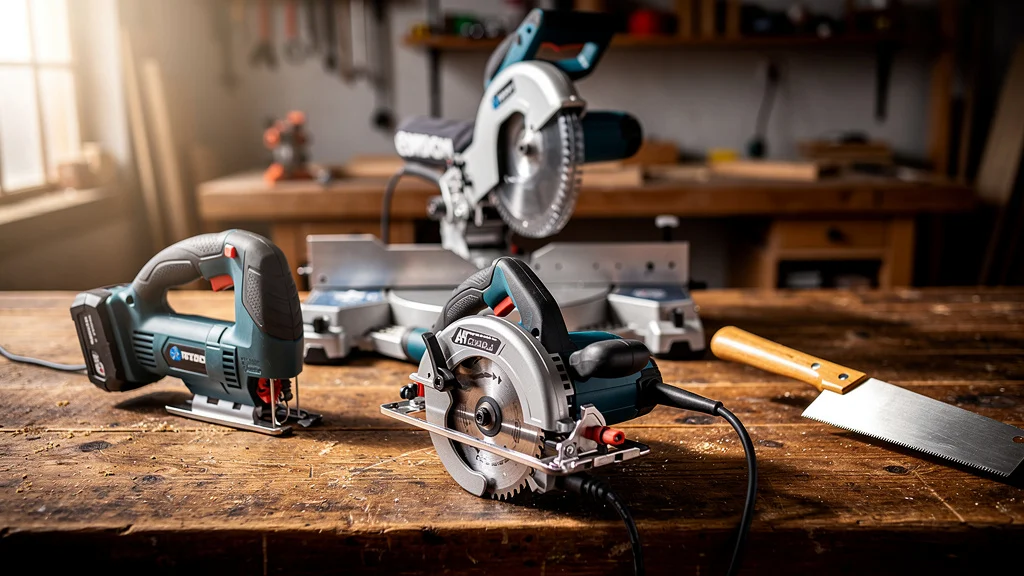 Colección de sierras eléctricas: circular, caladora e ingletadora sobre mesa de taller de madera
